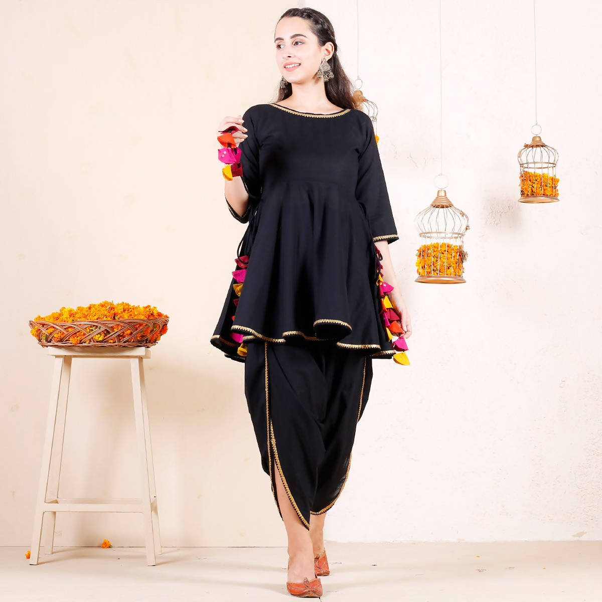 Cheera Black Dhoti Peplum Top Set With Multicolour Tassels (CH125KD) | Grocsy