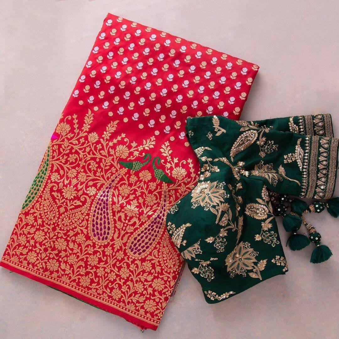 DEIANA'S Beautiful Designer Golden zari Soft Lichi Silk Saree - Red | Grocsy