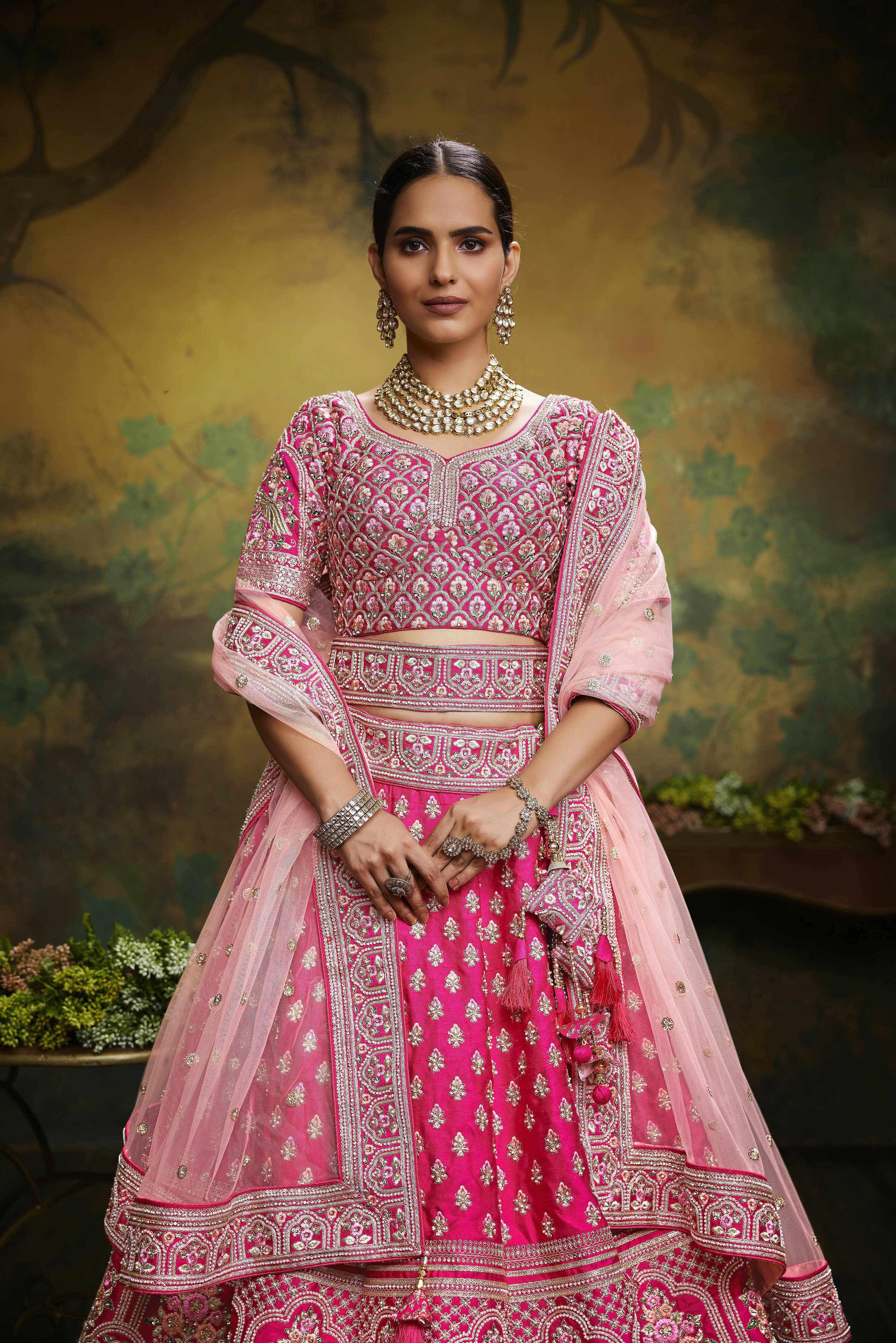 House of Panchhi Pink Pure Silk Moti & Zarkan heavy embroidery Lehenga choli & Dupatta | Grocsy