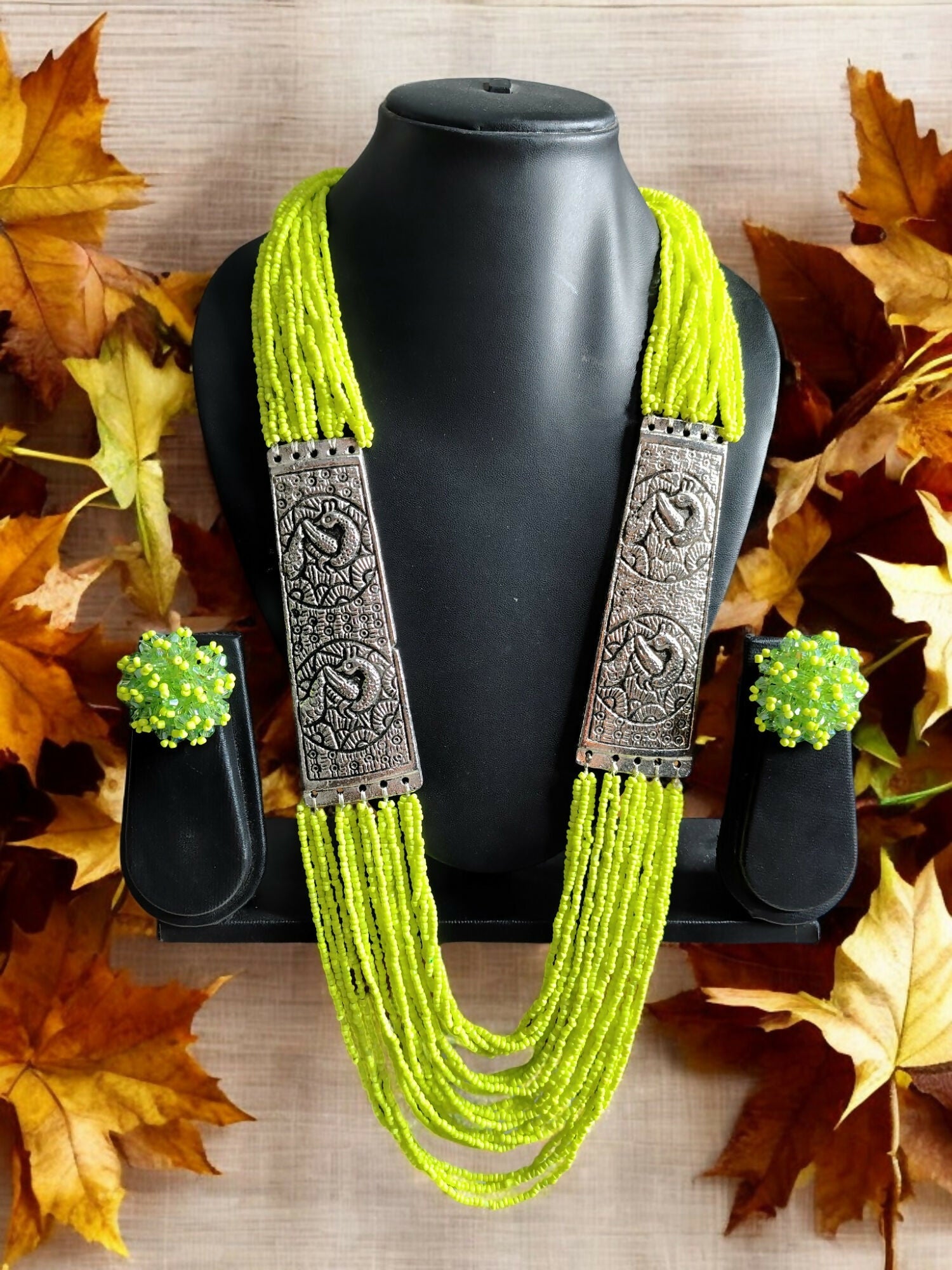Inhanns Saree Shobha Statement Necklace & Earring Set - Neon Green Necklace With Earrings | Grocsy