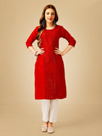 Jyoti Fashion Women's Red Cotton Blend Embroidered Kurta Pant Set | Grocsy