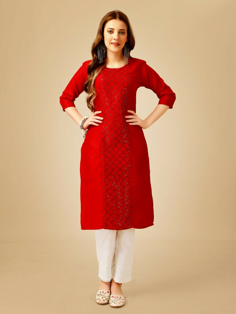 Jyoti Fashion Women's Red Cotton Blend Embroidered Kurta Pant Set | Grocsy