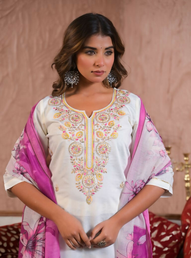 Ethnic Festive Wear Viscose Chanderi Off White Stitched Suit With Dupatta - Tanisha | Grocsy