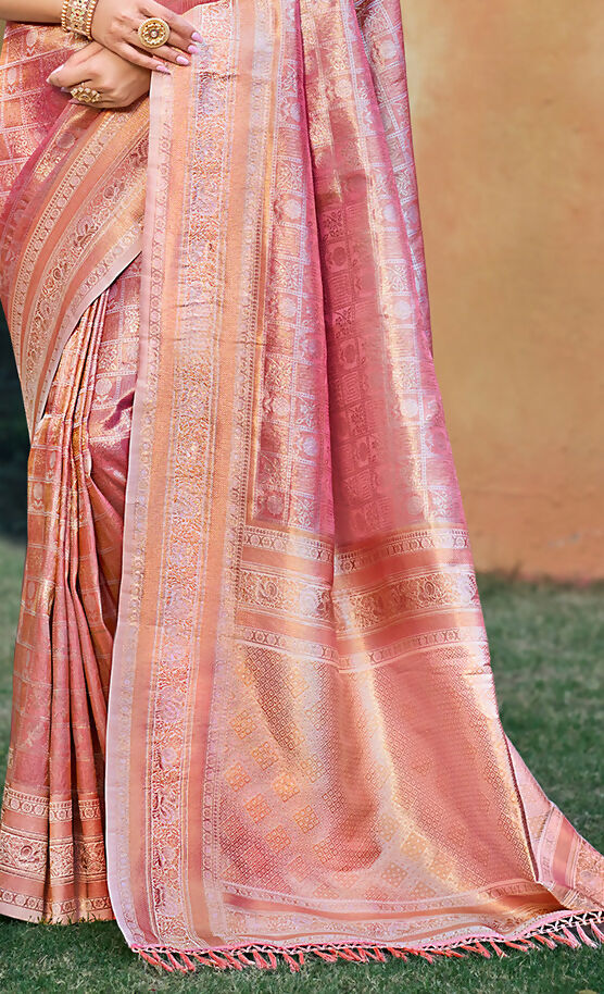 Sangam Prints Pastel Pink Kanjivaram Silk Woven Work Traditional Saree | Grocsy