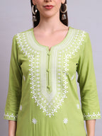 Joban Fashion Green Cotton & Embroidery Work Kurta With Trousers & Dupatta Set | Grocsy