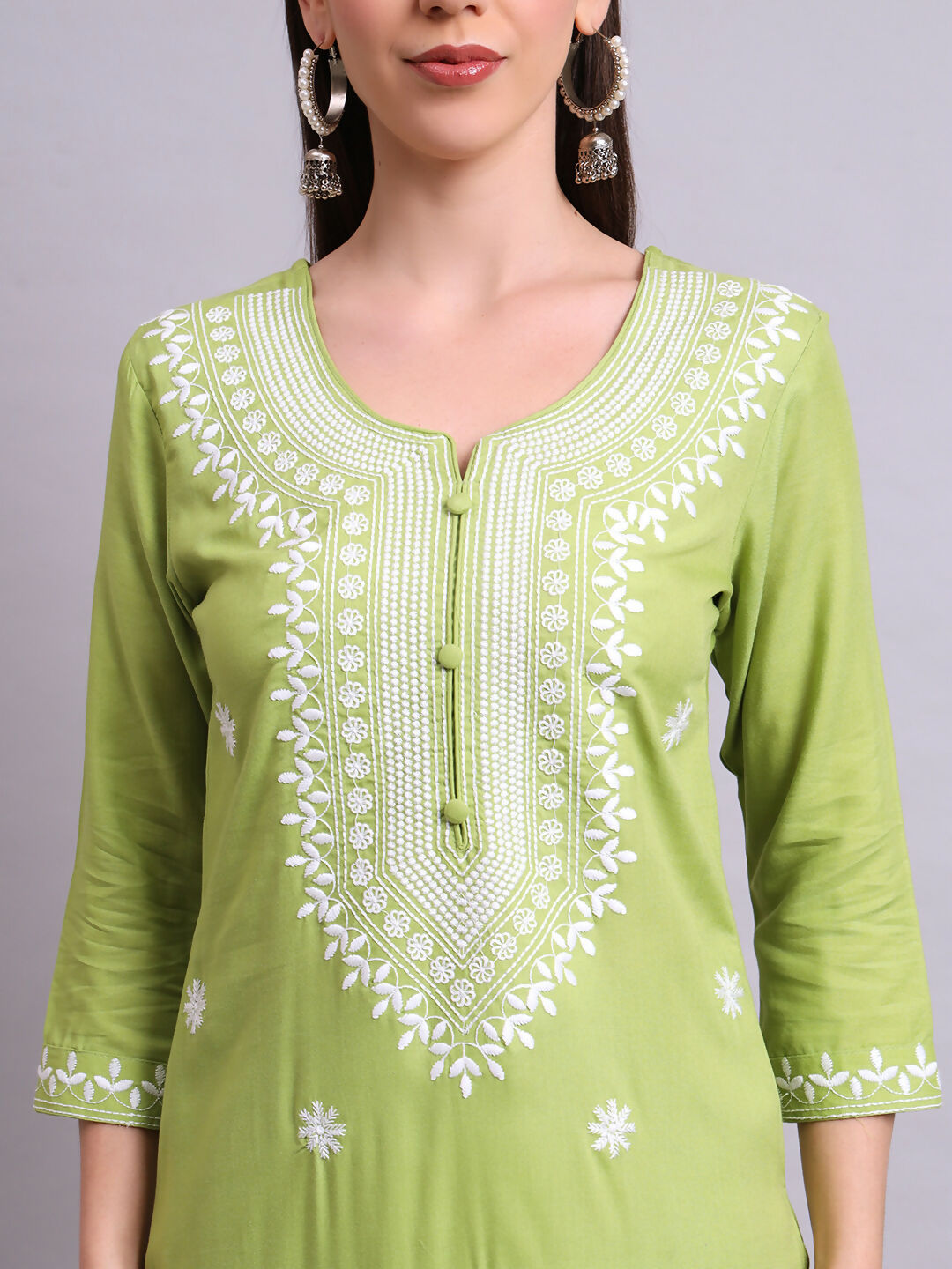Joban Fashion Green Cotton & Embroidery Work Kurta With Trousers & Dupatta Set | Grocsy