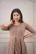 Partywear Designer Hand Screen and Foil Print Lightbrown Pure chanderi Gown - Anbazaar | Grocsy