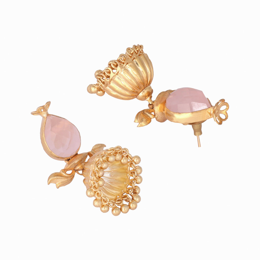 Nuyug 22K Gold Plated Rose Quartz Stone Studded Ethnic Jhumkas | Grocsy