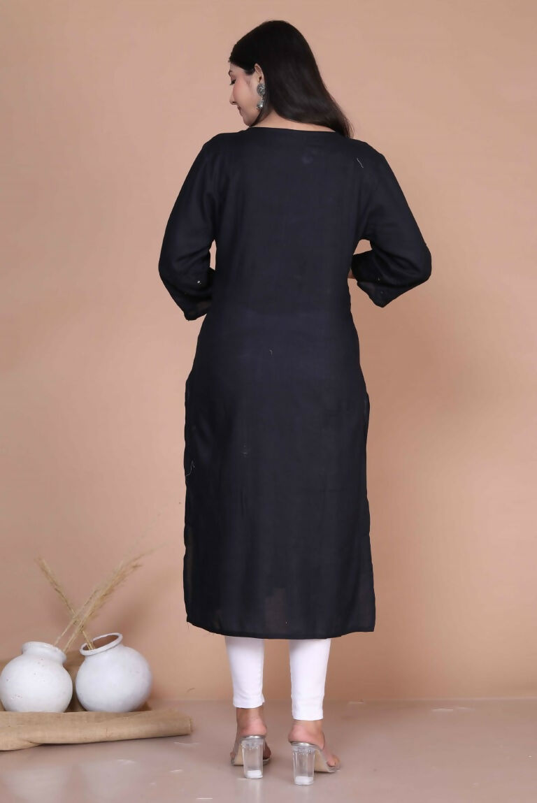 Miravan Women's Black Embroidered And Mirror Work Pakistani Straight Kurti | Grocsy