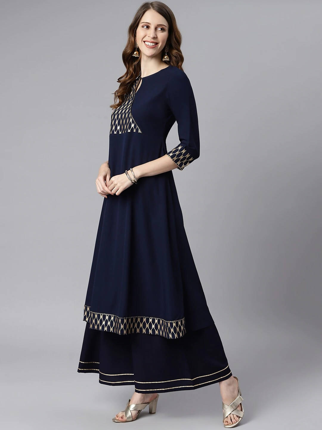 Janasya Women Navy Blue & Gold-Toned Printed Yoke Design Keyhole Neck Crepe Anarkali Kurta | Grocsy