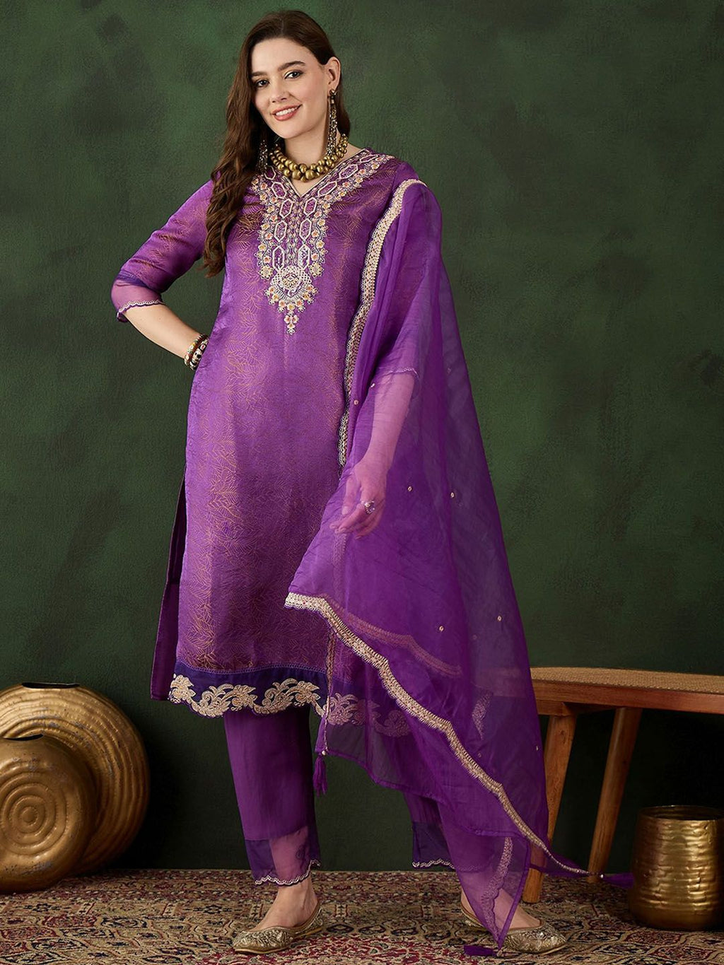 Sangria Embroidered Kurta & Trouser With Dupatta | Grocsy