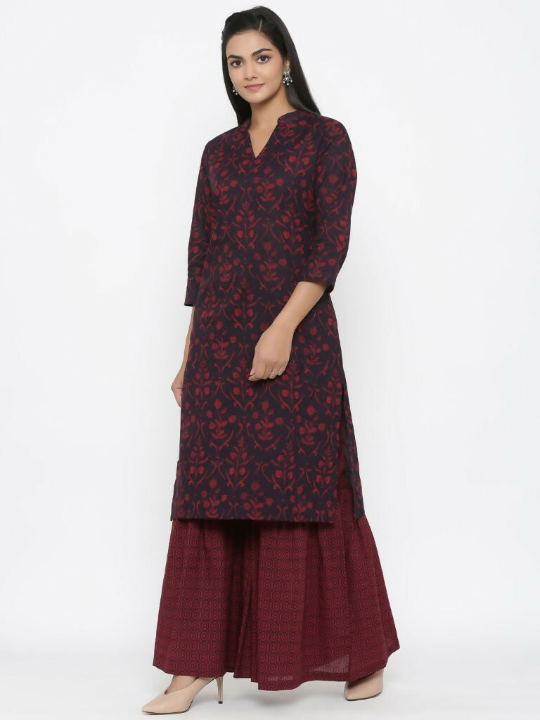 Miravan Women's Cotton Floral Print Straight Kurta Sharara Set | Grocsy