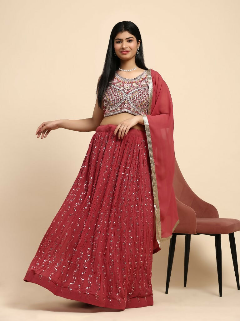 Red Georgette Embroidered Lehenga choli with Dupatta - Dhara | Grocsy