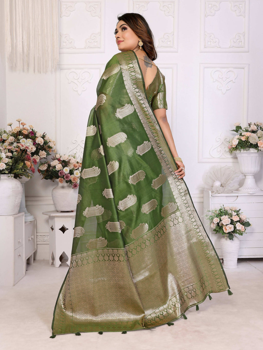 Aastha Fashion Mehndi Soft Organza Silk Weaving Saree | Grocsy