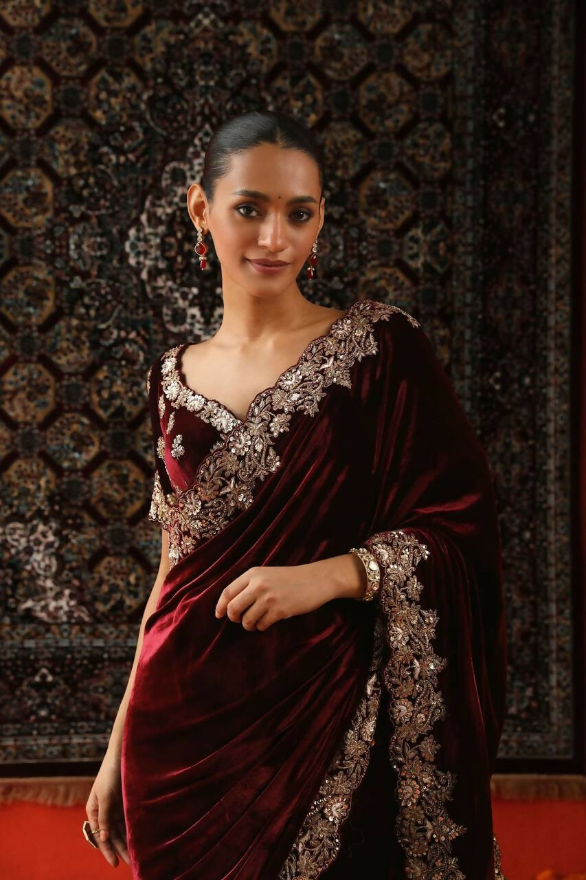 Vastranavya Designer Velvet Sequence & Zari Thread Embroidery work with border and Cutwork Saree - Wine | Grocsy