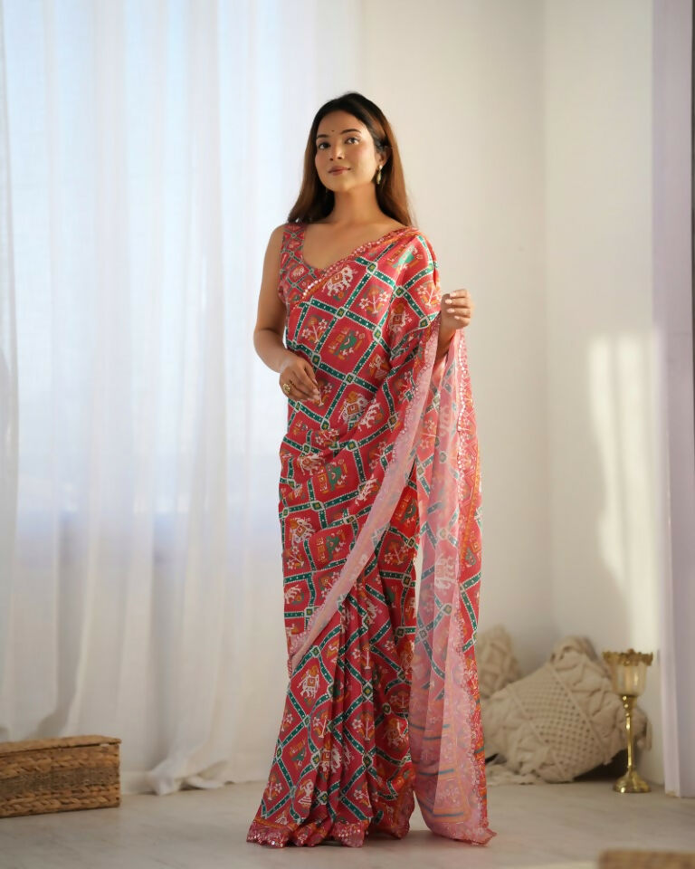 Red Chinon Designer Digital Printed & Mirror Cut Work Saree - Kriti | Grocsy