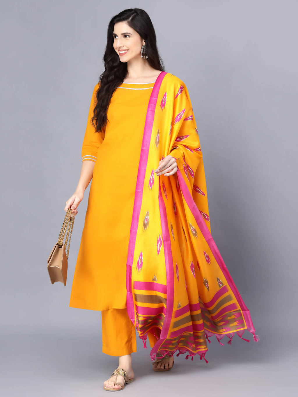 Myshka Women Mustard Yellow Pure Cotton Kurta with Trousers With Dupatta | Grocsy