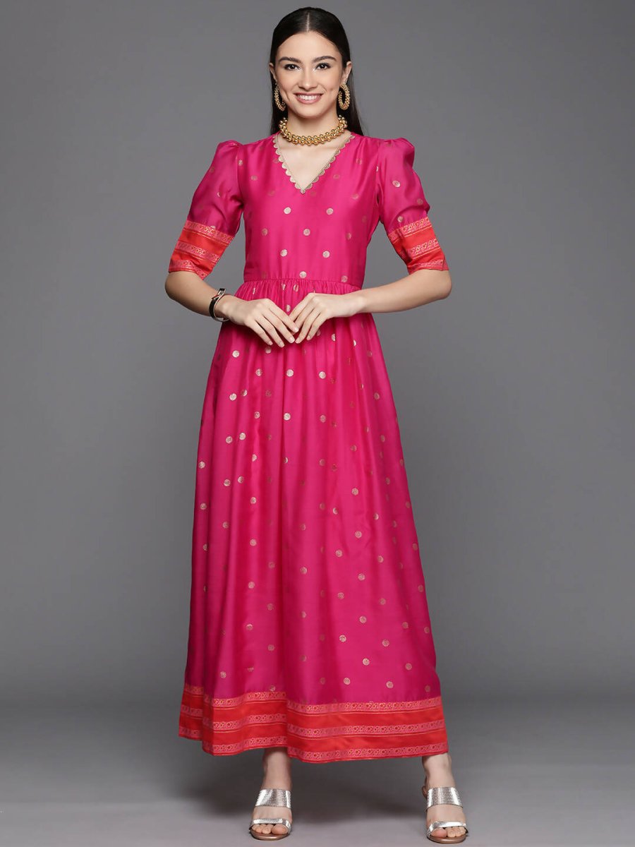 Ahalyaa Women's Pink Chanderi Gold Foil Print Dress | Grocsy