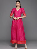 Ahalyaa Women's Pink Chanderi Gold Foil Print Dress | Grocsy