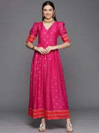 Ahalyaa Women's Pink Chanderi Gold Foil Print Dress | Grocsy