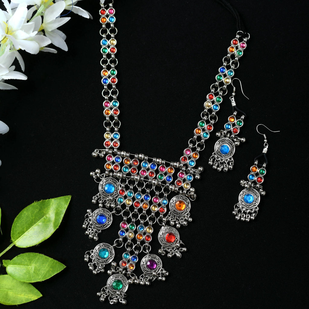 Mominos Fashion Johar Kamal Oxidised Silver-Plated Brass Finish Multi Kundan Afghani Long Necklace For Women | Grocsy