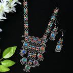 Mominos Fashion Johar Kamal Oxidised Silver-Plated Brass Finish Multi Kundan Afghani Long Necklace For Women | Grocsy