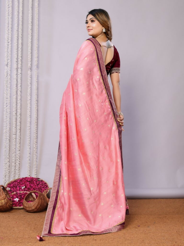 Pink Tusser Silk Zari And Sequins Embroidery Saree - Norita Saumya | Grocsy