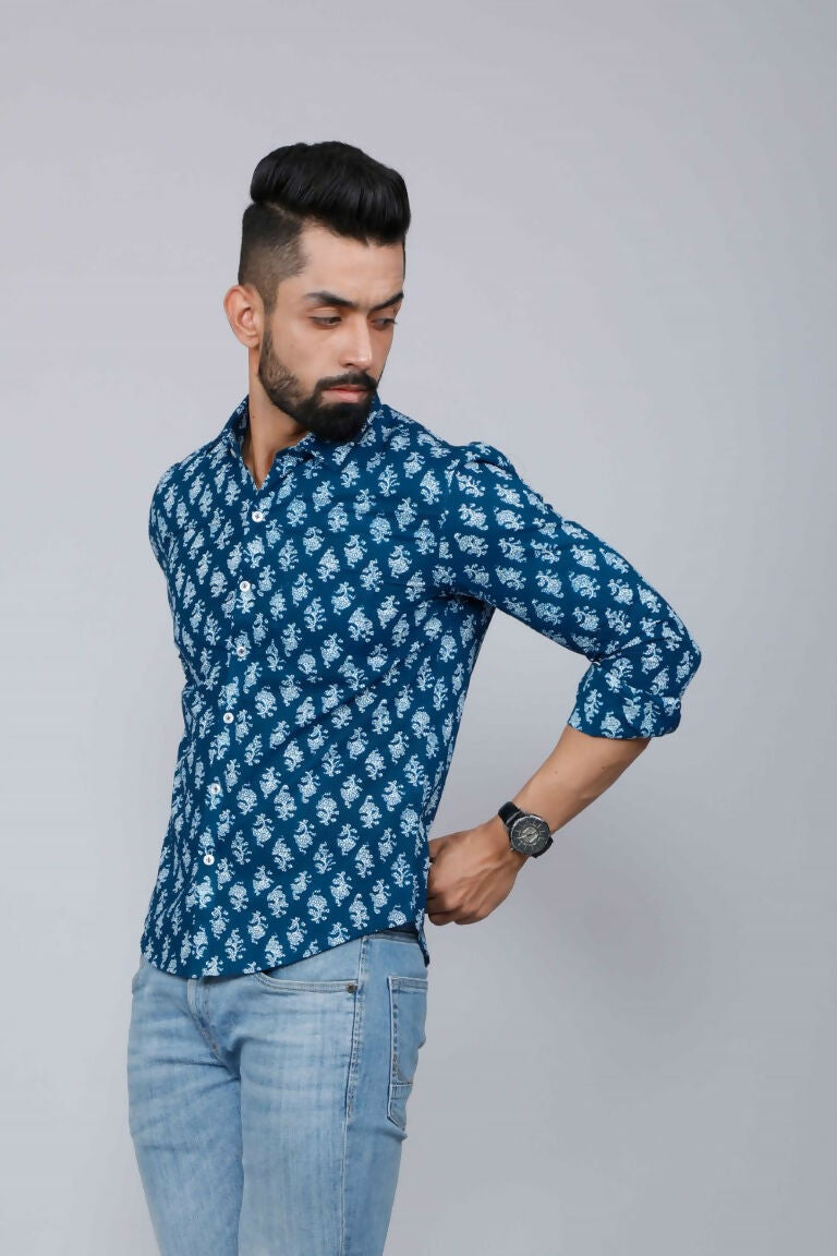 Miravan Men's Blue Printed Cotton Casual Shirt | Grocsy