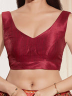 Joban Fashion Dark Maroon Mulberry Silk Padded Blouse With Round Neck Sleeveless | Grocsy