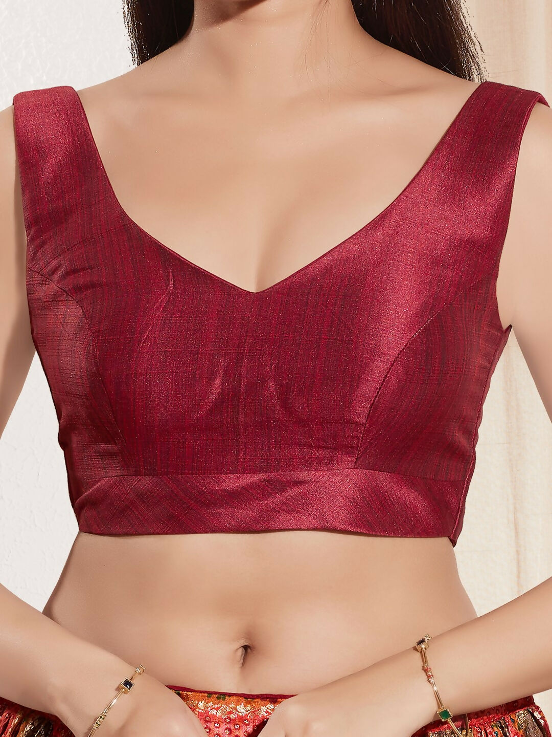 Joban Fashion Dark Maroon Mulberry Silk Padded Blouse With Round Neck Sleeveless | Grocsy