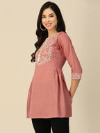 Peach Chinon Slub Floral Embroidered Top - Zeny | Grocsy