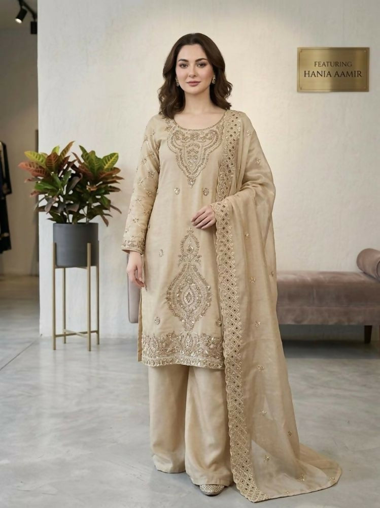 Teeya Creation Cream Color Gimmychu Silk Embroidery Work Wedding Wear Salwar Suit | Grocsy