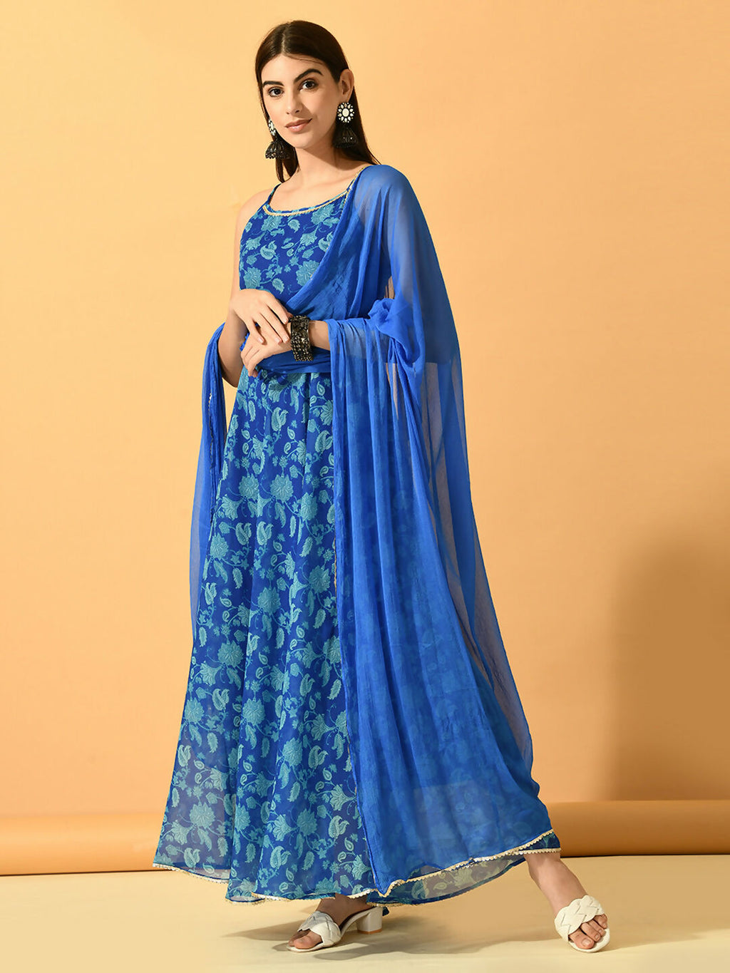 Myshka Women's Blue Festive Flared Anarkali Kurta With Dupatta sets | Grocsy