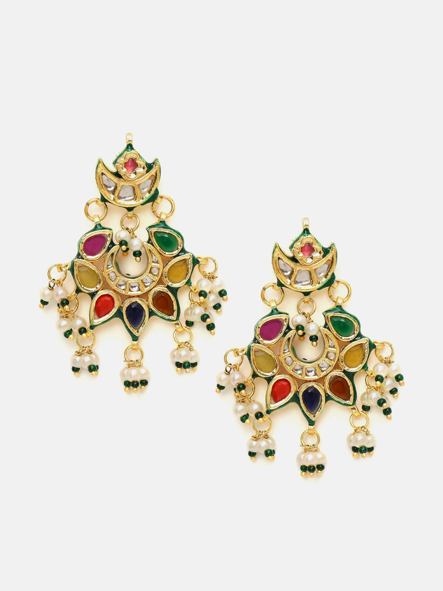 Ruby Raang Gold Polished Multi-Color Navratan Kundan Earrings | Grocsy