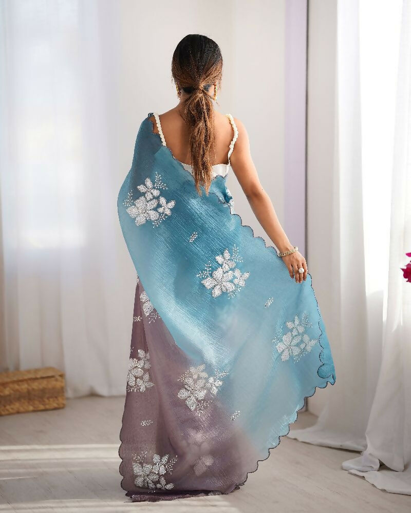 Sky Blue and Grey Crunchy Crush Pedding Color Embroidery Work Party Wear Saree - Zuleika | Grocsy