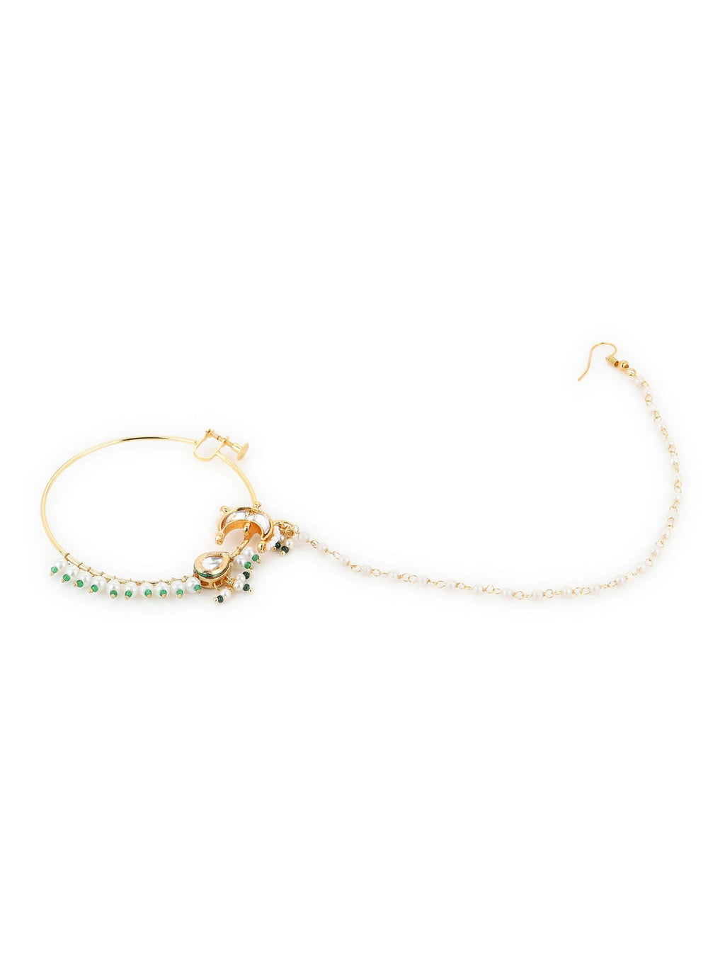 Gold-Polished White Green Kundan-Studded Pearl Beaded Nosepin - Ruby Raang | Grocsy