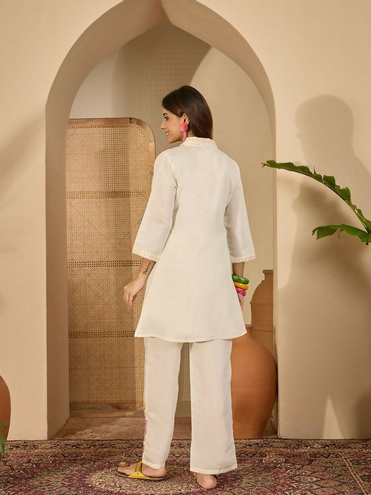 Joban Fashion Women Cream Roman Silk Embroidered Stitched Kurta Set | Grocsy