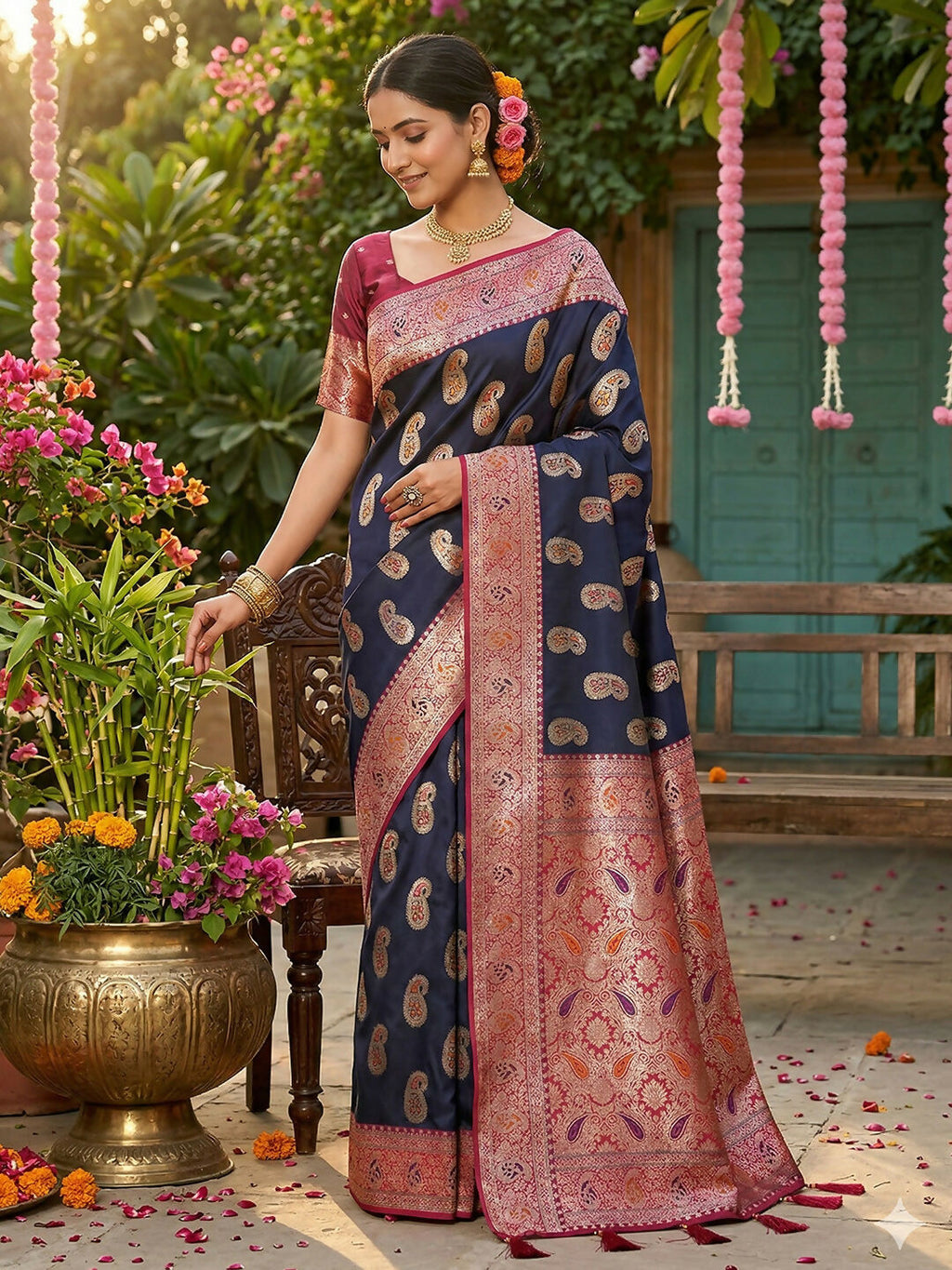 Shree Shyam Fashion Navy Blue Silk Blend Saree | Grocsy