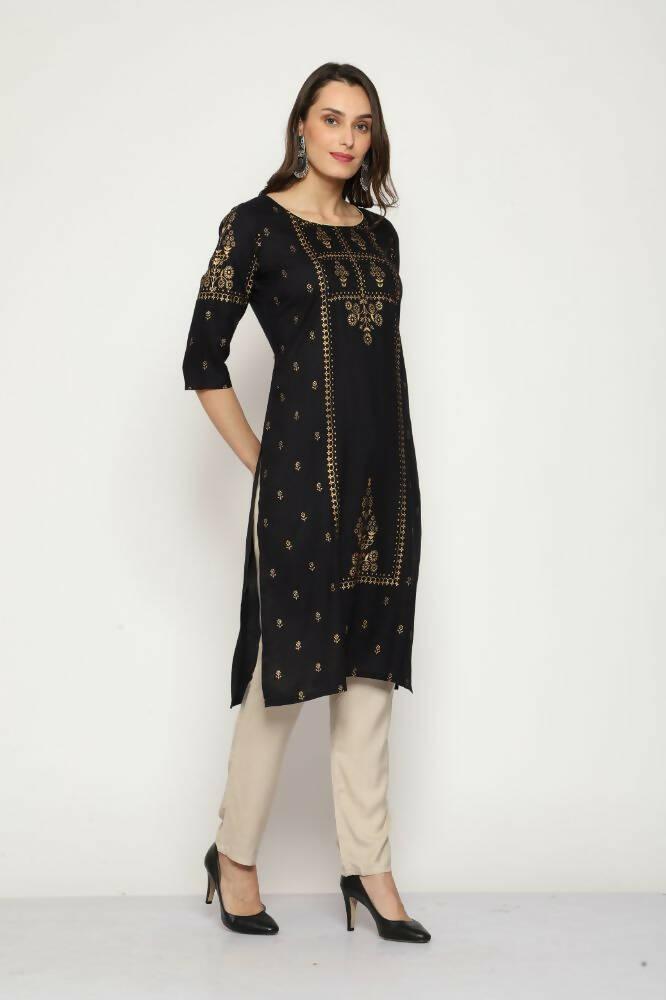 Maai Rayon Hand Printed Kurta Black | Grocsy
