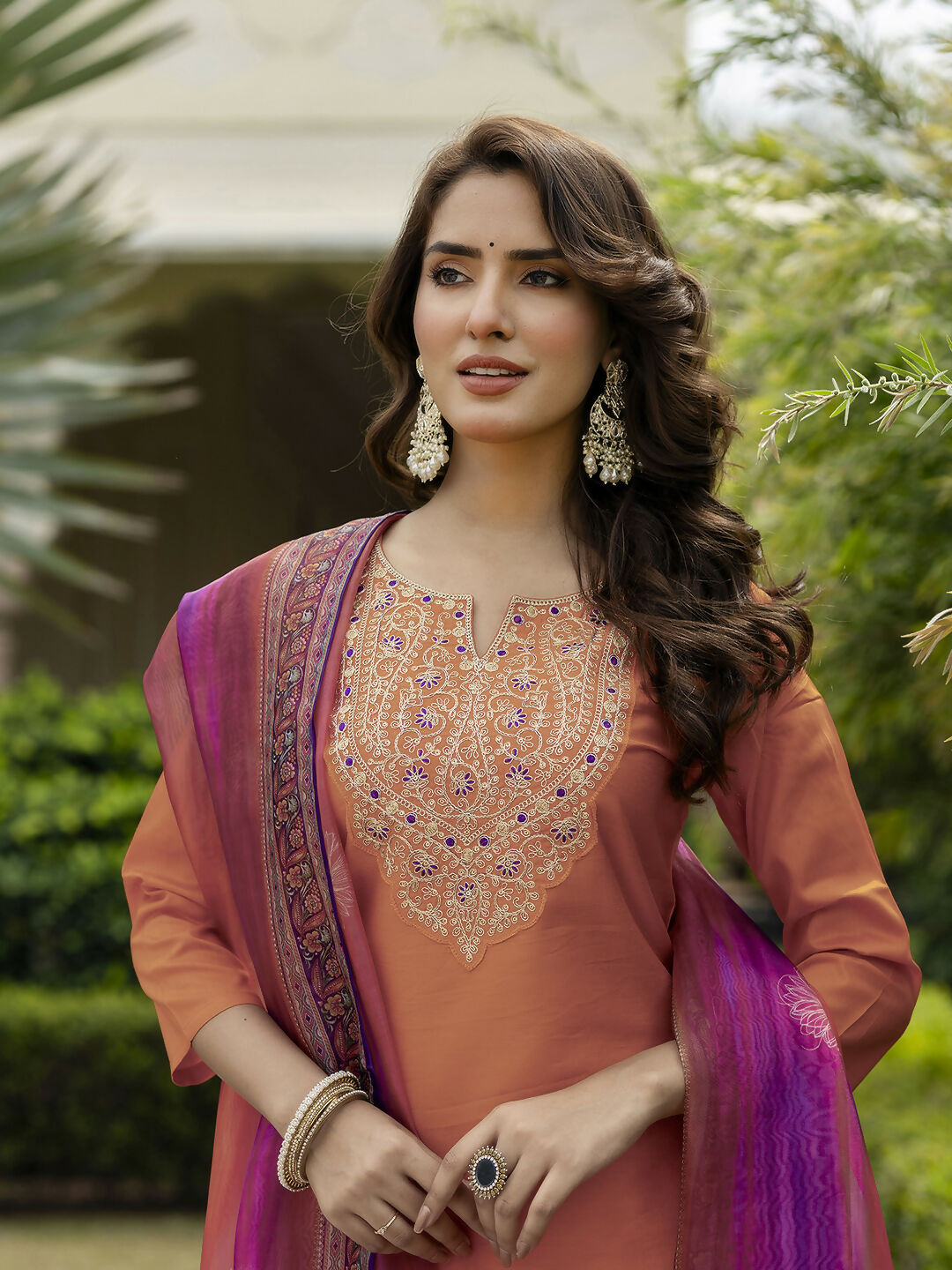 The52 Orange Women's Gorgeous Embroidered Rayon Fabric with Straight Kurta, Pant and Dupatta Set | Grocsy
