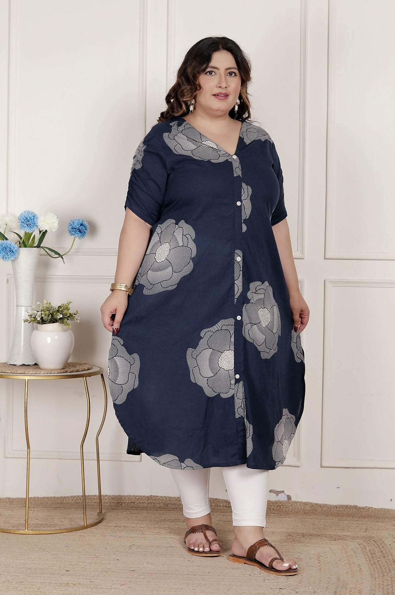 Miravan Womens Plus Size Blue Floral Printed Front Buttoned A-Line Kurta Dress | Grocsy