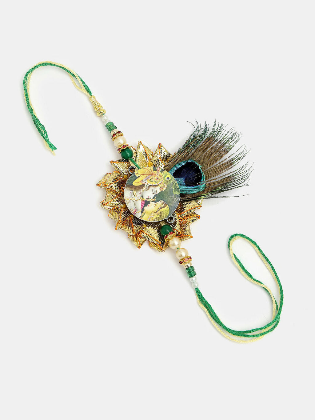 NVR Women & Men Set of 2 Green Radha Krishna Beaded Bhaiya Bhabhi Rakhi With Roli Chawal | Grocsy