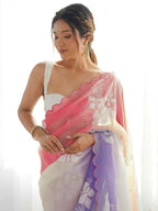 PR Fashion Peach Lavender Gold Crush Embroidery Work Saree | Grocsy