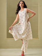 Sangria Off White Geometric Printed Round Neck A-Line Pure Cotton Kurta With Palazzos | Grocsy