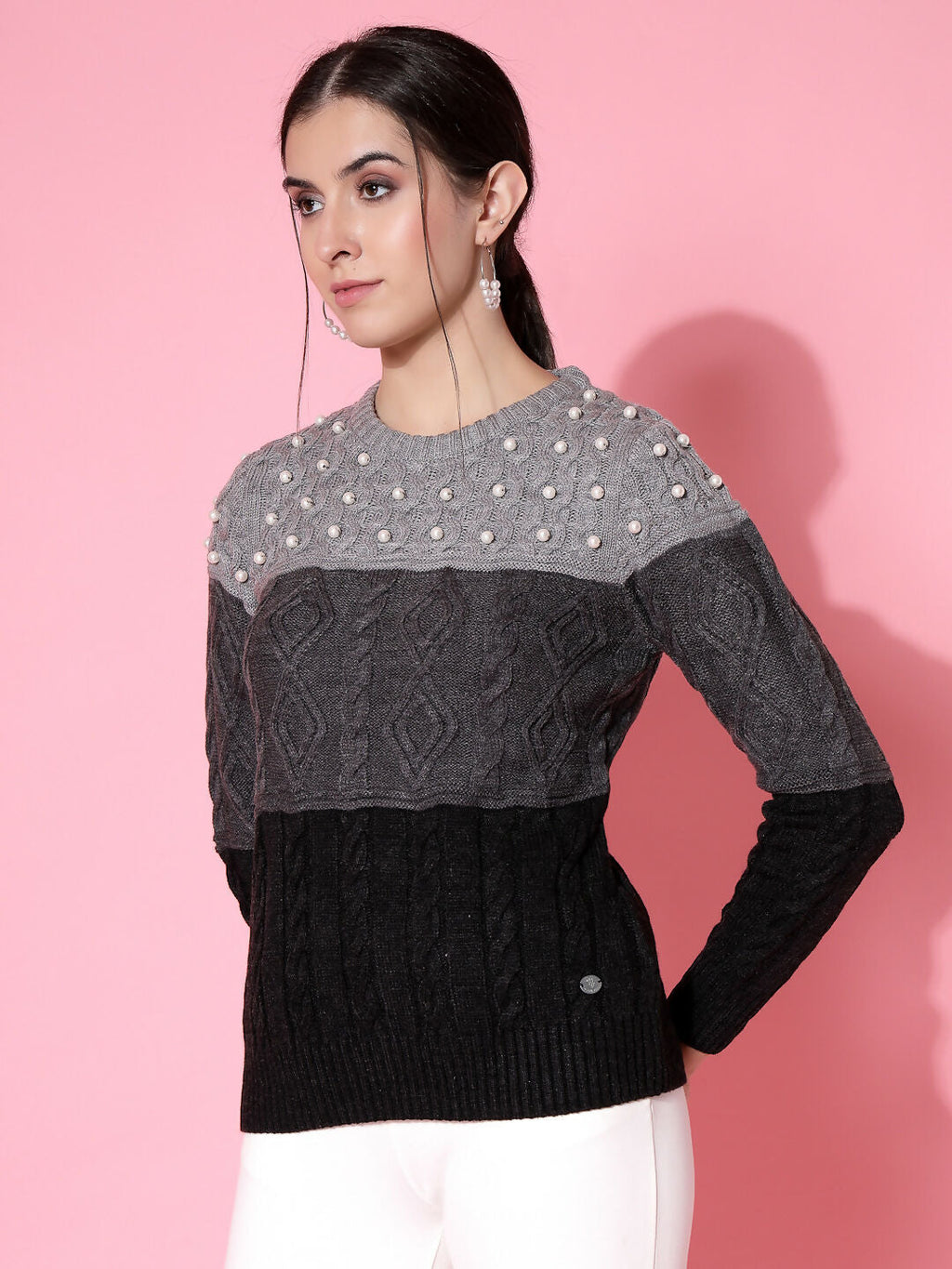 Women Color Block Winter Charcoal Acrylic Sweater - Wool Trees | Grocsy