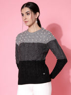 Women Color Block Winter Charcoal Acrylic Sweater - Wool Trees | Grocsy