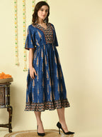 Myshka Women's Blue Printed Cotton Party Dress | Grocsy