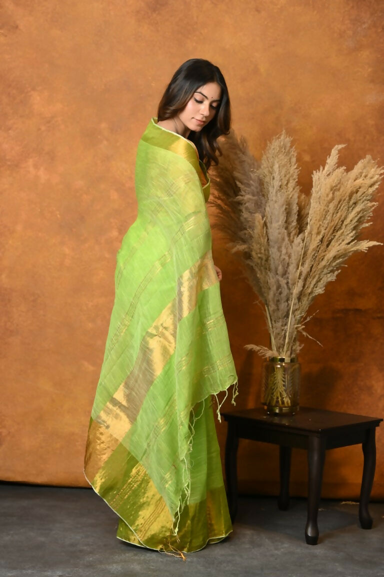 Very Much Indian Handloom Pure Cotton Linen Saree With Golden Border - Light Green | Grocsy