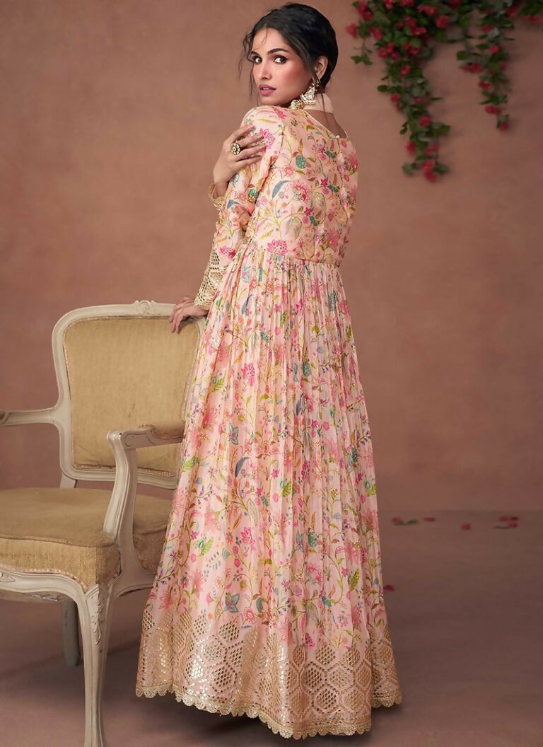 Vastranavya Peach Anarkali Suit Set In Organza Silk Floral Printed & Foil Mirror Work | Grocsy