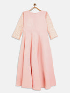 Ahalyaa Pink Crepe & Net Foil Print Kids Dress For Girls | Grocsy